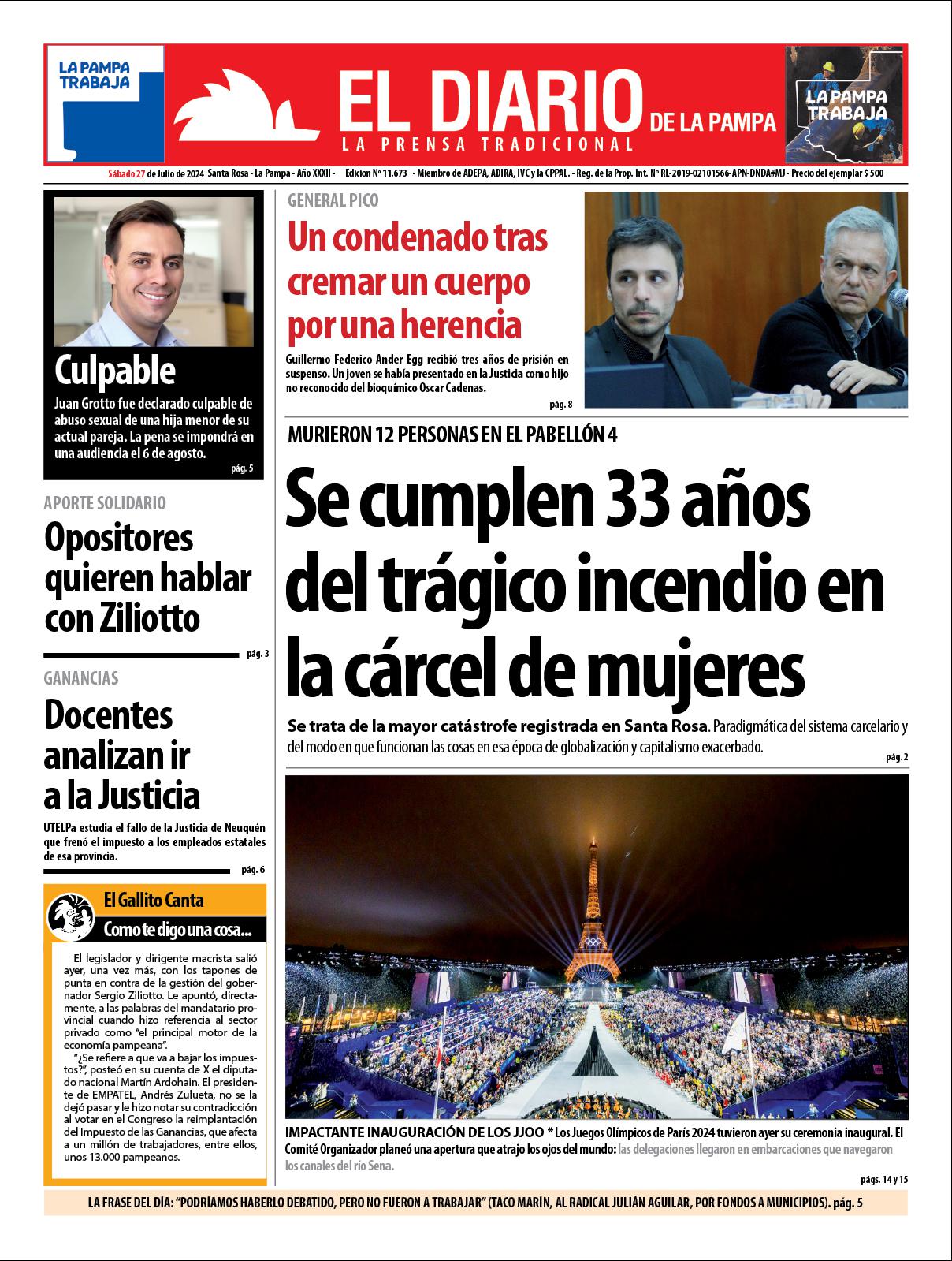 Tapa de El Diario en papel  saacutebado 27 de julio de 2024